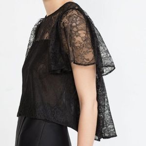 Zara Trafaluc Drop Shoulder Lace Top Short Sleeve